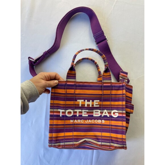 Marc Jacobs The Tote Bag Medium Violet Striped Fabric Crossbody HandBag W/ Strap - Picture 1 of 8